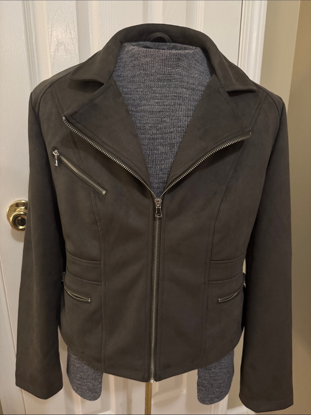 Women’s Olive Green Moto Jacket - Suede-Style Zip Front